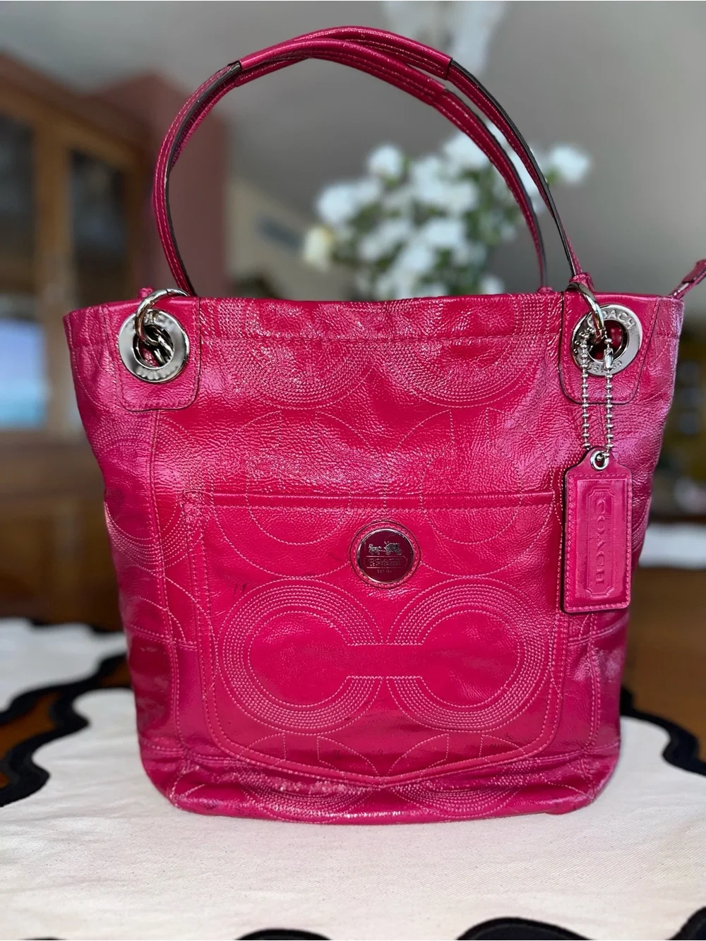 Coach Alex Fuchsia Pink Signature C Patent Leather Tote Shoulder Bag Y2K